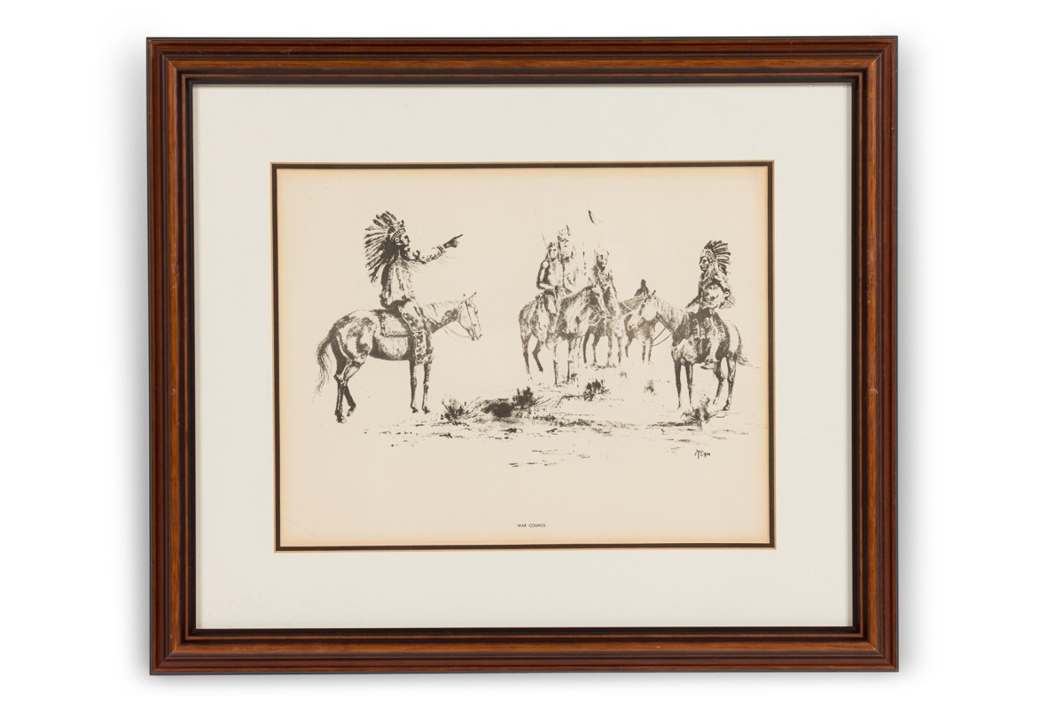 American country framed print of 5 native americans chiefs titled war council